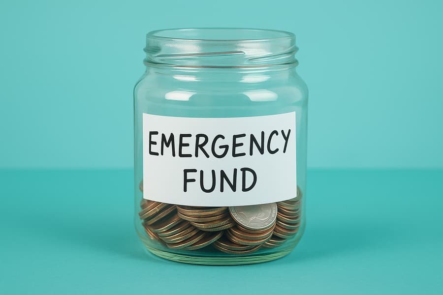 Emergency Fund Glass jar labeled "Emergency Fund" filled with coins and small bills, symbolizing starter savings.