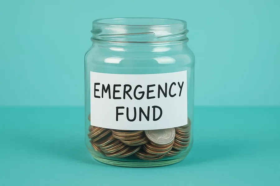 Glass jar labeled "Emergency Fund" filled with coins and small bills, symbolizing starter savings.