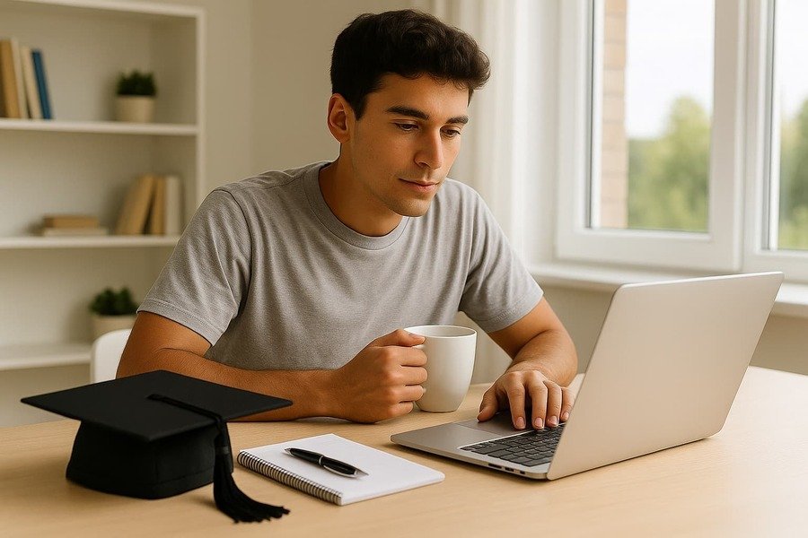 Recent-grad 5 Side Hustles for Recent Grads: A recent college graduate working on a laptop at home with a coffee mug, notebook, and graduation cap nearby, representing a focused start to post-grad income building.