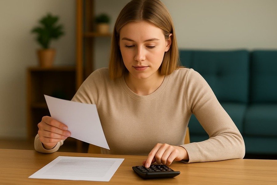 Woman-Budgeting Beginner Budget: Young woman budgeting at home with documents and a calculator