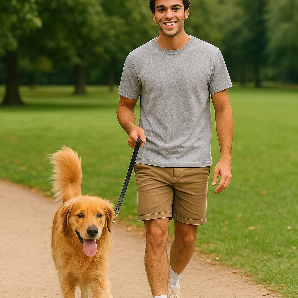 dog-walking Dog walker leading a golden retriever in a sunny neighborhood