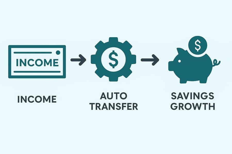 cash-flow-automation Infographic showing income flow: Income → Auto Transfer → Savings Growth.