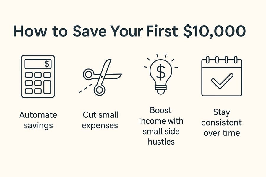 how-to-save Visual breakdown of how to save your first $10,000 with four simple steps.