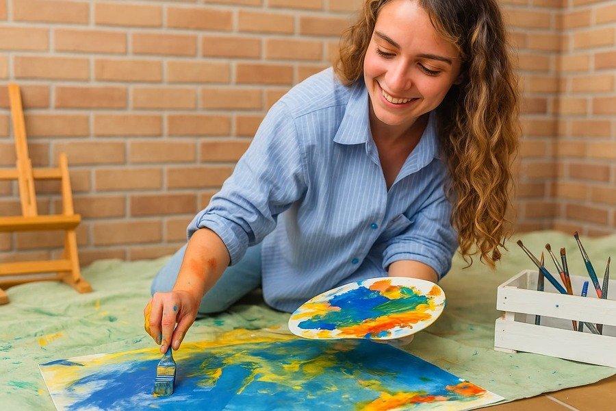 Enjoying-the-process Young woman smiling while painting with vibrant colors, enjoying the creative process of her hobby.