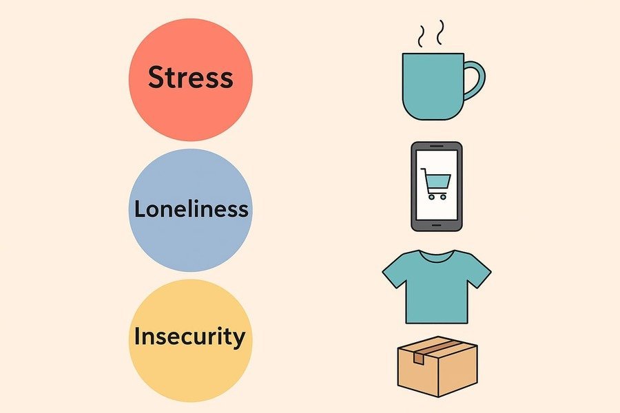 Psychology of Spending:lat infographic showing common emotional triggers (like stress, boredom, insecurity) linked to impulse spending habits such as comfort items, clothing, and tech gadgets.