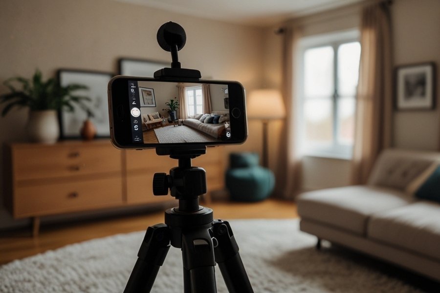 Smartphone on tripod recording a living room scene, representing content creation side hustles you can start from your phone.