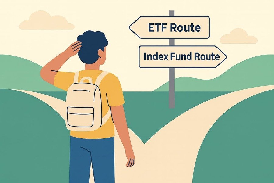 Illustration of a person looking at two signs: one says ETF Route, the other Index Fund Path