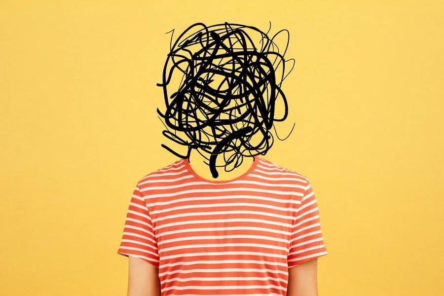 Complexity (1) Person with scribbled tangled lines over head representing financial confusion and complexity