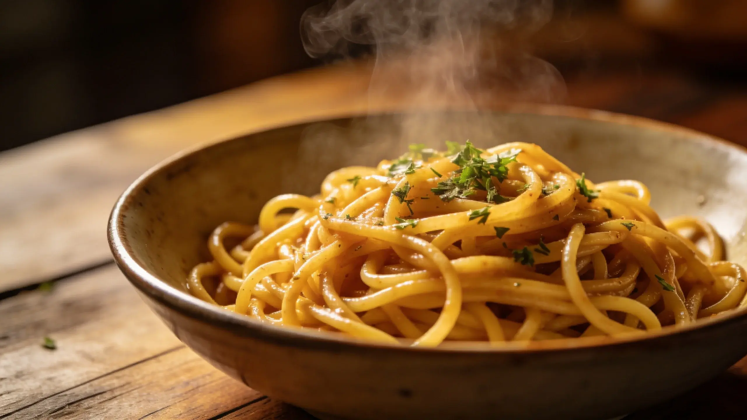 Closeup of steaming bowl of budget pasta with herbs