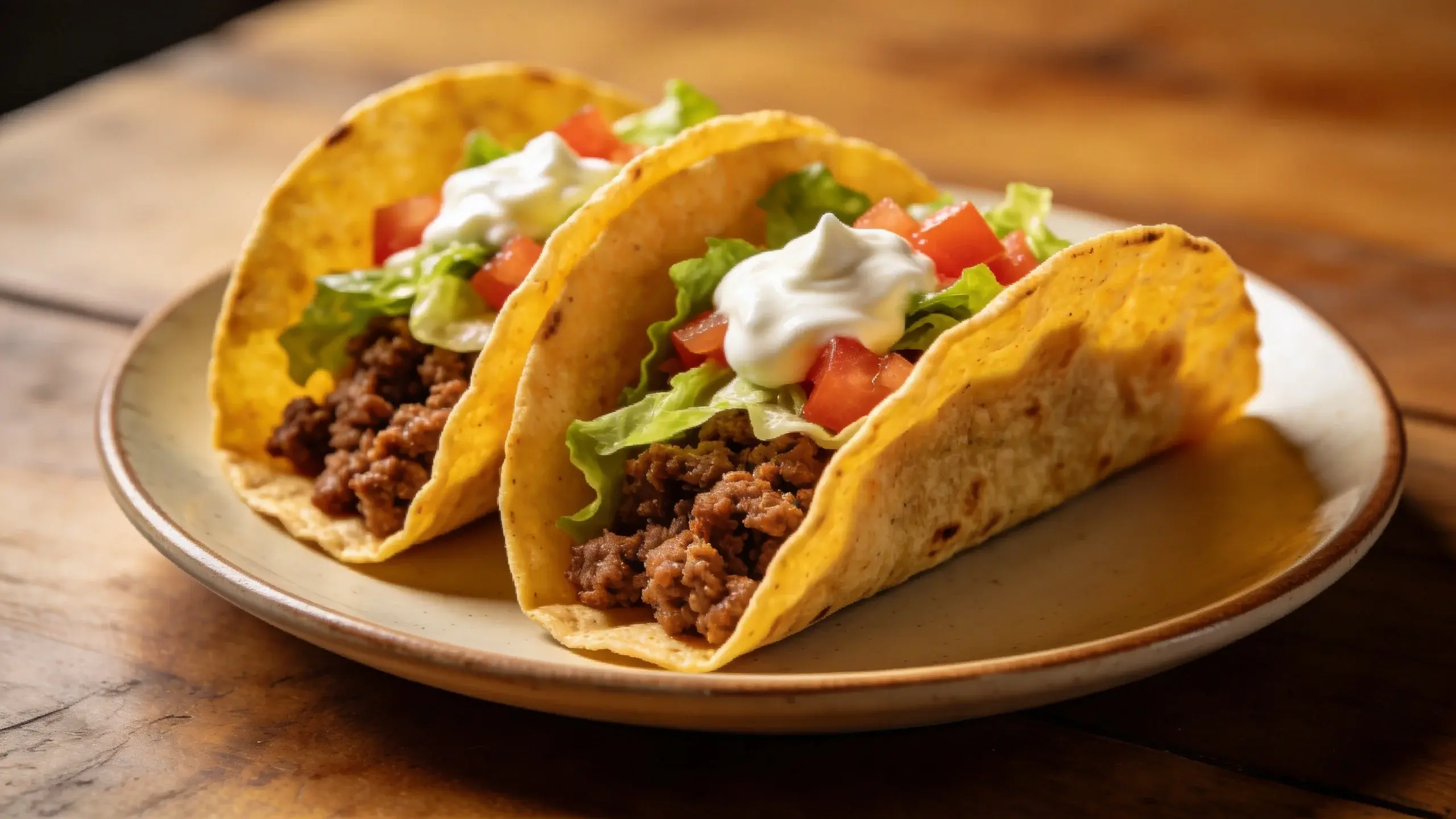 Single plate of homemade tacos on wooden table