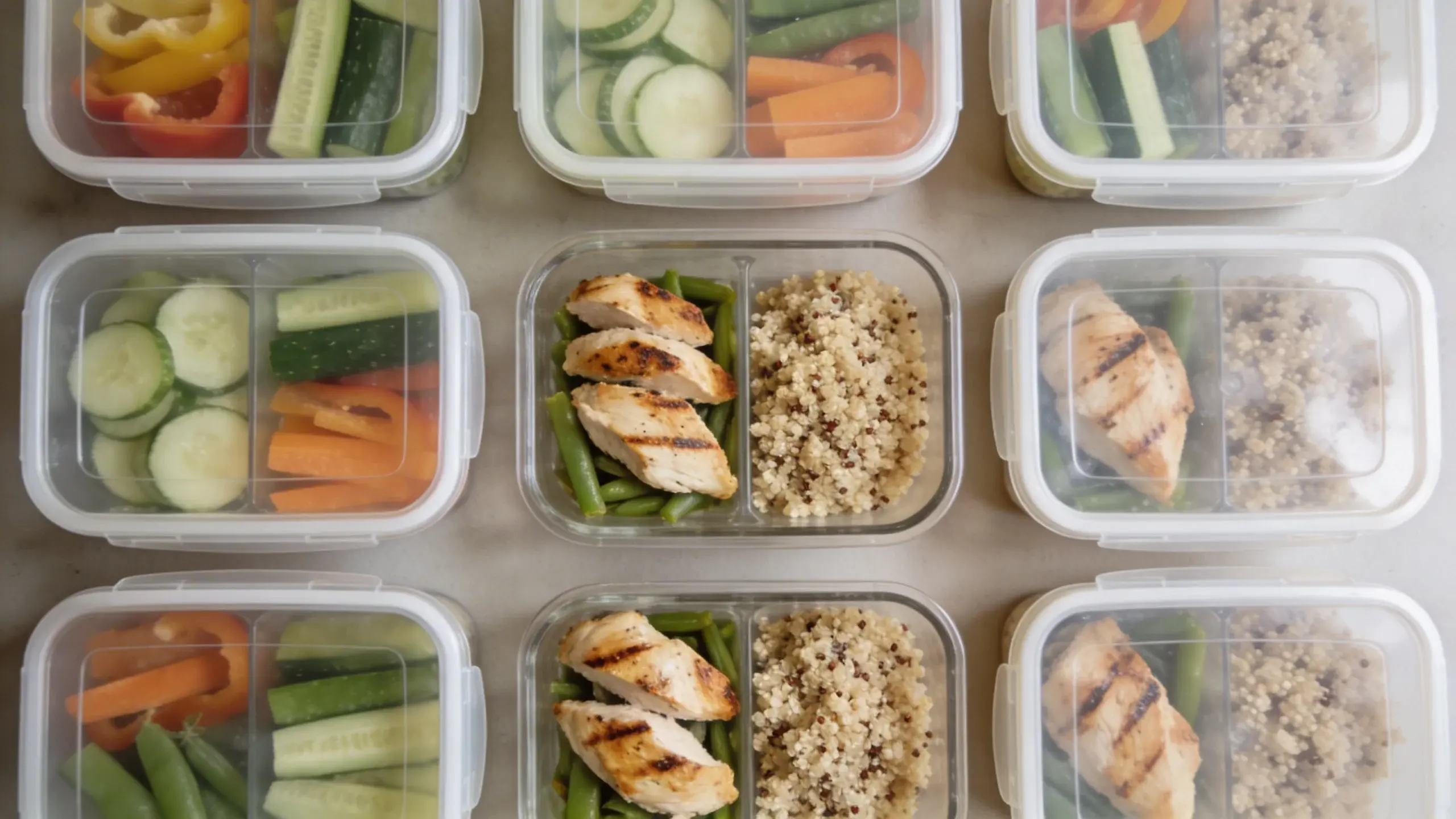 Overhead shot of organized meal prep containers