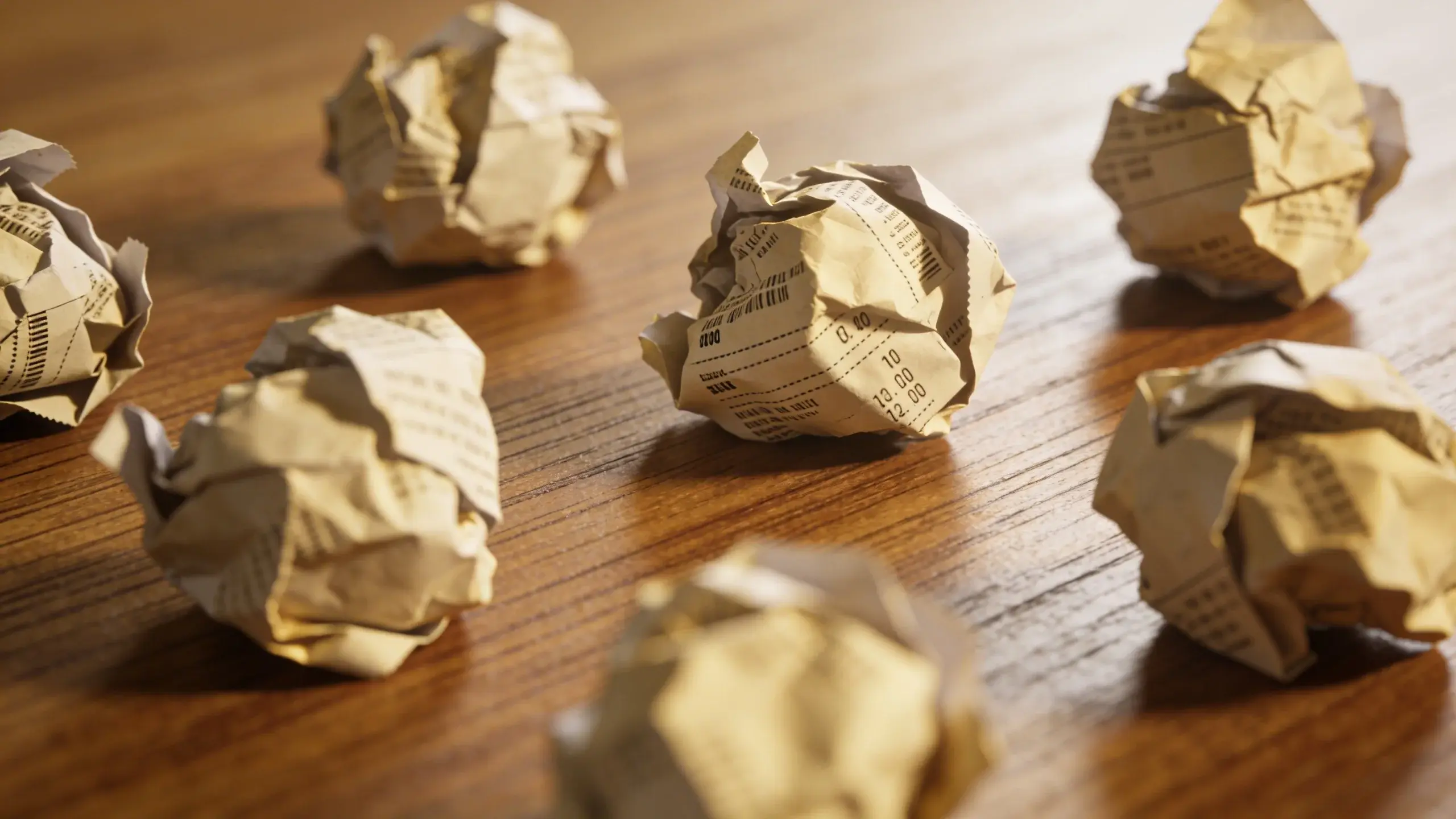 Closeup of crumpled receipts scattered on wooden desk